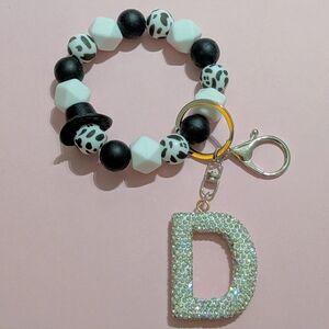 Black and White Beaded Silicone Keychain Rhinestone D Charm | Handmade By Me